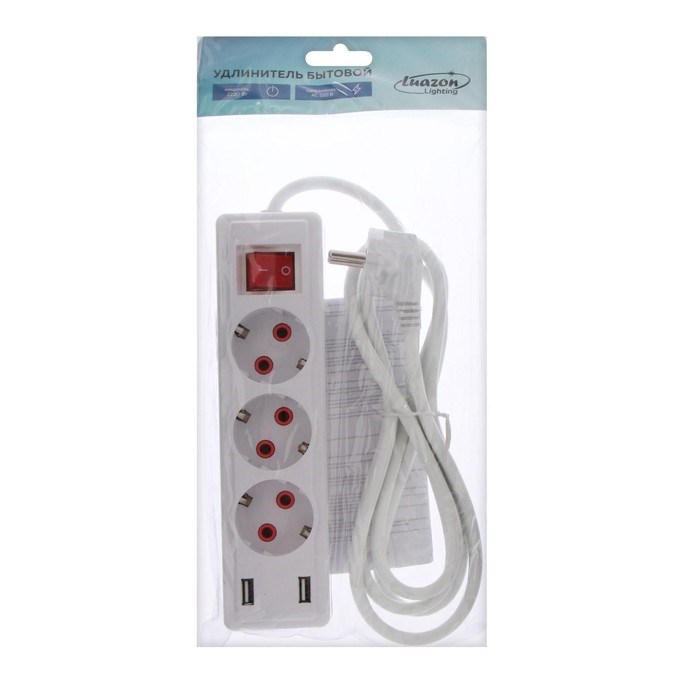 Удлинитель Luazon Lighting, 3 розетки, 2 м, 10 А, 2200Вт, 2х0.75 мм2, 2хUSB, с выкл., Б - фото 51389043 Удлинитель Luazon Lighting, 3 розетки, 2 м, 10 А, 2200Вт, 2х0.75 мм2, 2хUSB, с выкл., Б - фото 51389043