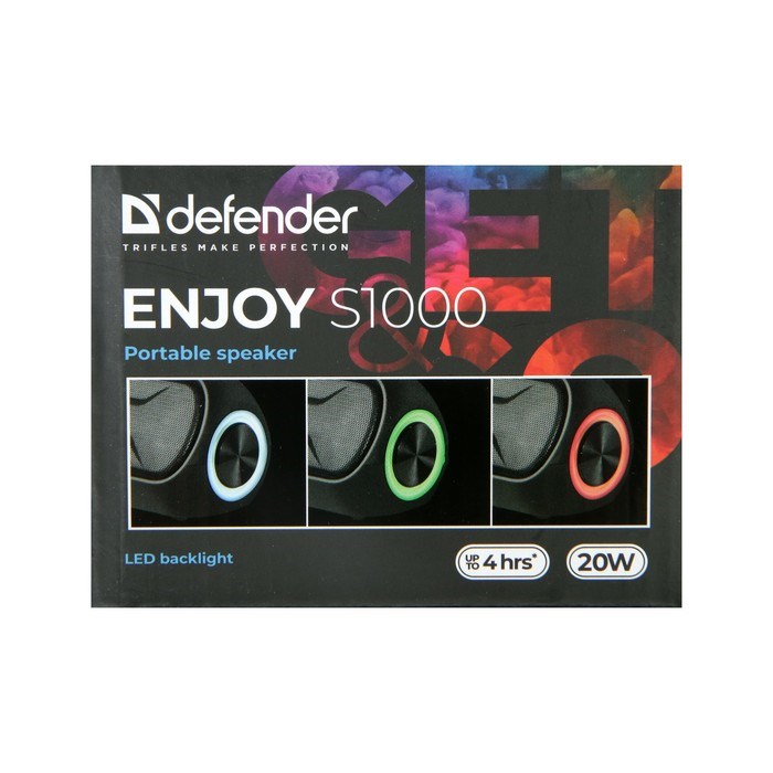 Портативная колонка Defender Enjoy S1000, 20 Вт, Bluetooth 4.2, 2000 мАч, подсветка, чёрная - фото 51389327 Портативная колонка Defender Enjoy S1000, 20 Вт, Bluetooth 4.2, 2000 мАч, подсветка, чёрная - фото 51389327