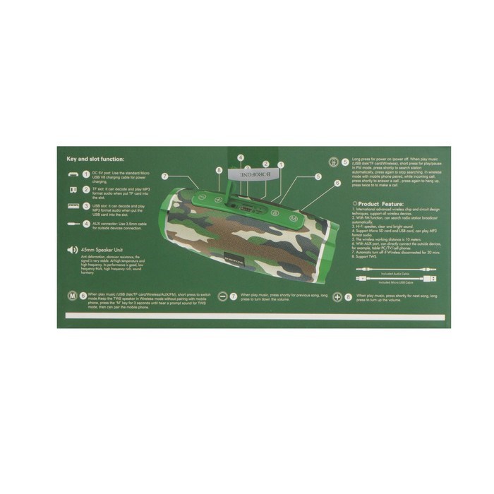 Портативная колонка Borofone BR3 Rich, 10 Вт, BT5.0, microSD, USB, 1200 мАч, цвет хаки - фото 51392632 Портативная колонка Borofone BR3 Rich, 10 Вт, BT5.0, microSD, USB, 1200 мАч, цвет хаки - фото 51392632