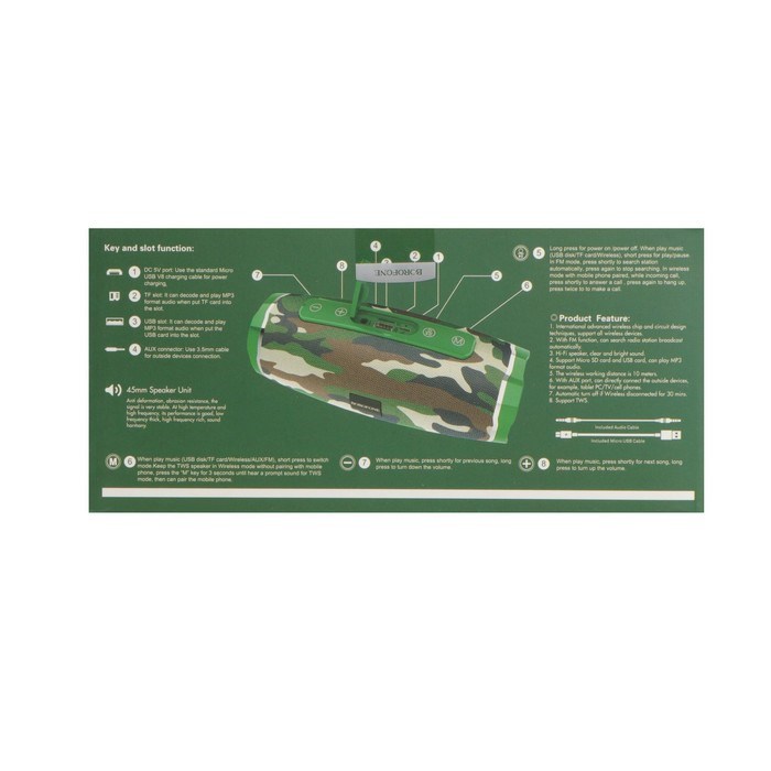 Портативная колонка Borofone BR3 Rich, 10 Вт, BT5.0, microSD, USB, 1200 мАч, цвет хаки - фото 51392635 Портативная колонка Borofone BR3 Rich, 10 Вт, BT5.0, microSD, USB, 1200 мАч, цвет хаки - фото 51392635