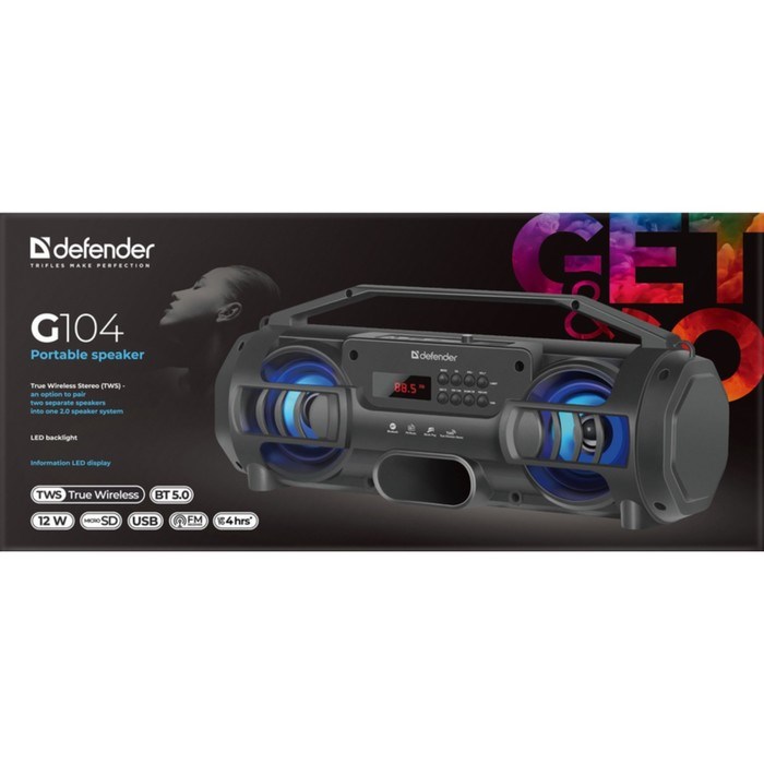 Портативная колонка Defender G104, 12Вт, 1500мАч, BT, FM, USB, microSD, дисплей, подсветка - фото 51395815 Портативная колонка Defender G104, 12Вт, 1500мАч, BT, FM, USB, microSD, дисплей, подсветка - фото 51395815