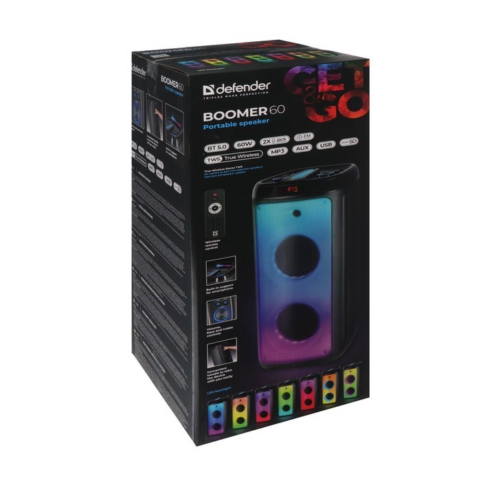 Портативная колонка Defender Boomer 60, 60Вт, 3600мАч, BT, FM, USB, AUX, дисплей, подсветка - фото 51395842 Портативная колонка Defender Boomer 60, 60Вт, 3600мАч, BT, FM, USB, AUX, дисплей, подсветка - фото 51395842