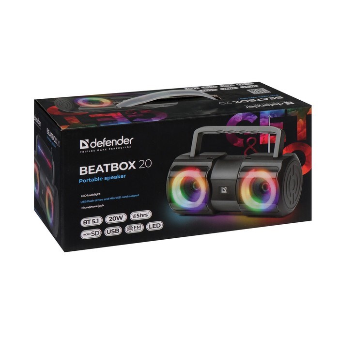 Портативная колонка Defender Beatbox 20, 20Вт, 2400мАч, BT, FM, USB, microSD, подсветка - фото 51395867 Портативная колонка Defender Beatbox 20, 20Вт, 2400мАч, BT, FM, USB, microSD, подсветка - фото 51395867