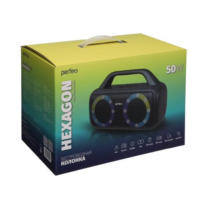 Портативная колонка Perfeo HEXAGON, FM, MP3, microSD, USB, AUX, 50 Вт, 3600 мАч, черная - фото 51395963 Портативная колонка Perfeo HEXAGON, FM, MP3, microSD, USB, AUX, 50 Вт, 3600 мАч, черная - фото 51395963