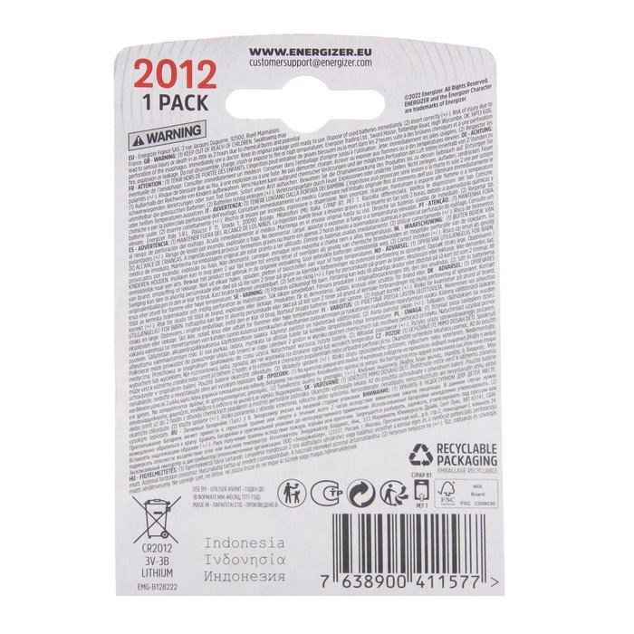 Батарейка литиевая Energizer, CR2012-1BL, 3В, блистер, 1 шт. - фото 51397219 Батарейка литиевая Energizer, CR2012-1BL, 3В, блистер, 1 шт. - фото 51397219
