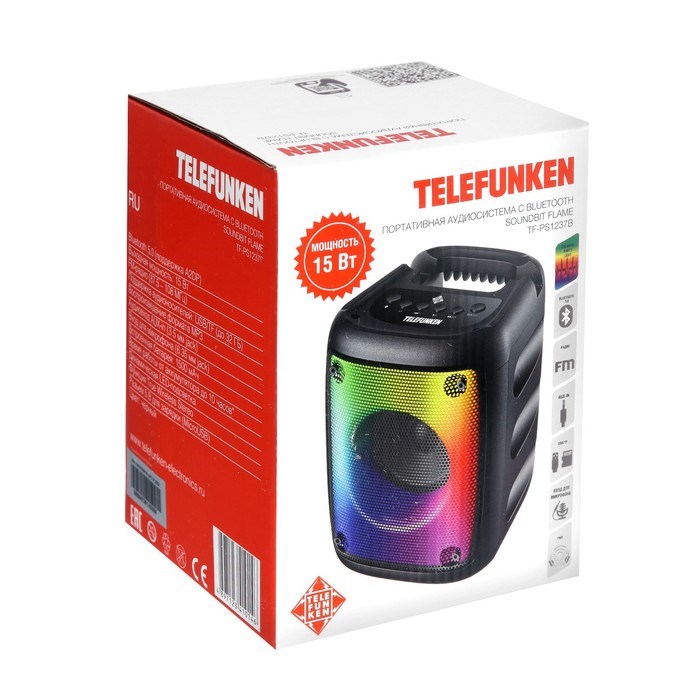 Портативная колонка Telefunken TF-PS1237B, 15Вт, 1500мАч, FM,BT, USB, TWS, подсветка, черная - фото 51397245 Портативная колонка Telefunken TF-PS1237B, 15Вт, 1500мАч, FM,BT, USB, TWS, подсветка, черная - фото 51397245