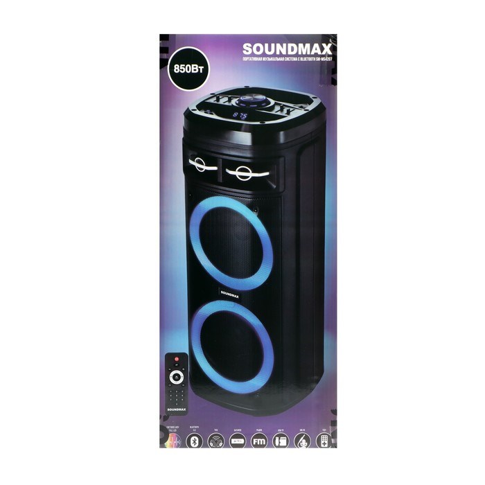 Портативная колонка Soundmax SM-MS4207, 80Вт, 3600мАч, FM, BT, USB, TWS, подсветка, черная - фото 51397257 Портативная колонка Soundmax SM-MS4207, 80Вт, 3600мАч, FM, BT, USB, TWS, подсветка, черная - фото 51397257