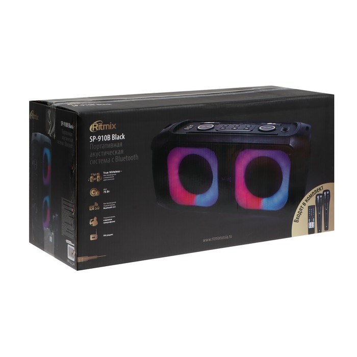 Портативная колонка Ritmix SP-910B, 75 Вт, 3600 мАч, BT, AUX, USB, FM, microSD, подсветка - фото 51397280 Портативная колонка Ritmix SP-910B, 75 Вт, 3600 мАч, BT, AUX, USB, FM, microSD, подсветка - фото 51397280