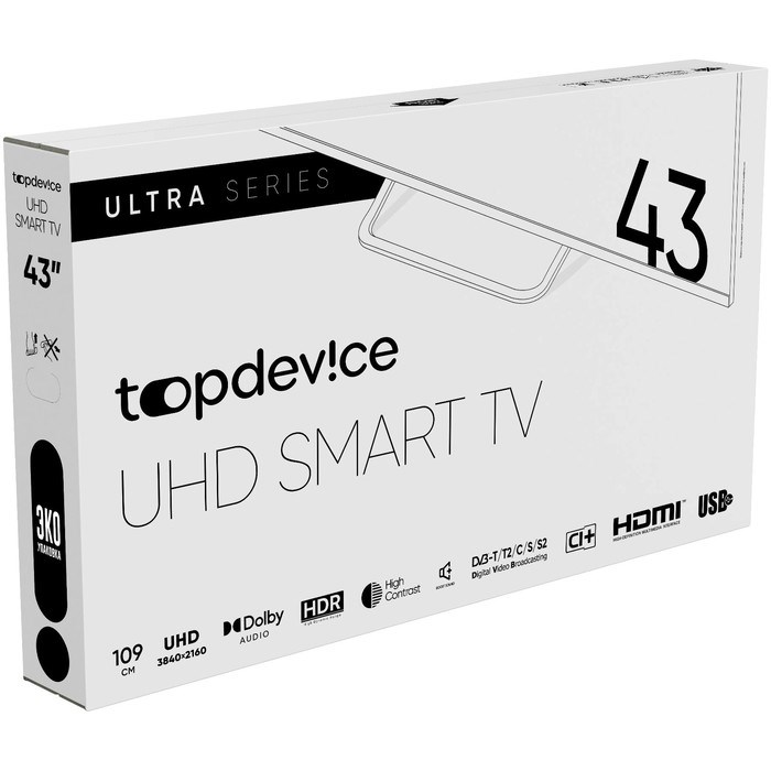Телевизор Topdevice TDTV43BS05U,43",3840x2160, DV3-Т/T2/C/S/S2, HDMI3, USB2, SmartTV,черный - фото 51397927 Телевизор Topdevice TDTV43BS05U,43",3840x2160, DV3-Т/T2/C/S/S2, HDMI3, USB2, SmartTV,черный - фото 51397927