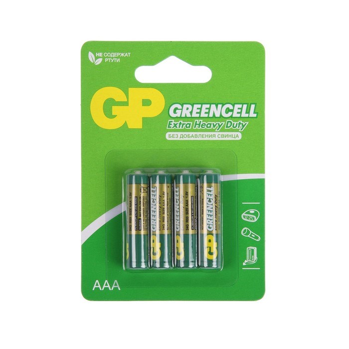 Батарейка солевая GP Greencell Extra Heavy Duty, AAA, R03-4BL, 1.5 В, блистер, 4 шт. - фото 51397973