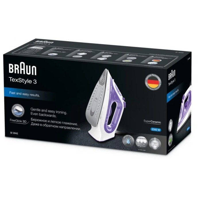 Утюг Braun SI3042VI, 2350 Вт, керамическая подошва, 45 г/мин, 270 мл, фиолетовый - фото 51398403 Утюг Braun SI3042VI, 2350 Вт, керамическая подошва, 45 г/мин, 270 мл, фиолетовый - фото 51398403