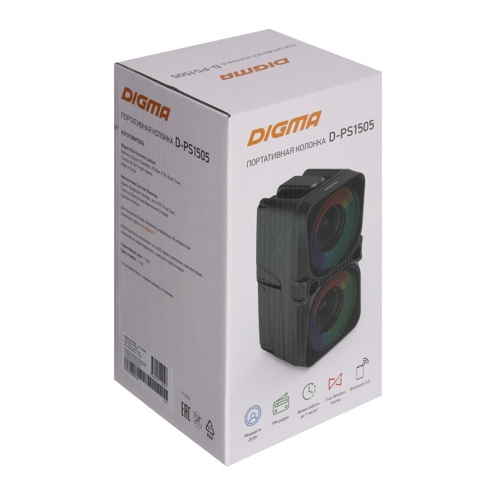 Портативная колонка Digma D-PS1505, подсветка, 20Вт, BT, microSD,USB,AUX,FM, 1200мАч, черная - фото 51398862 Портативная колонка Digma D-PS1505, подсветка, 20Вт, BT, microSD,USB,AUX,FM, 1200мАч, черная - фото 51398862