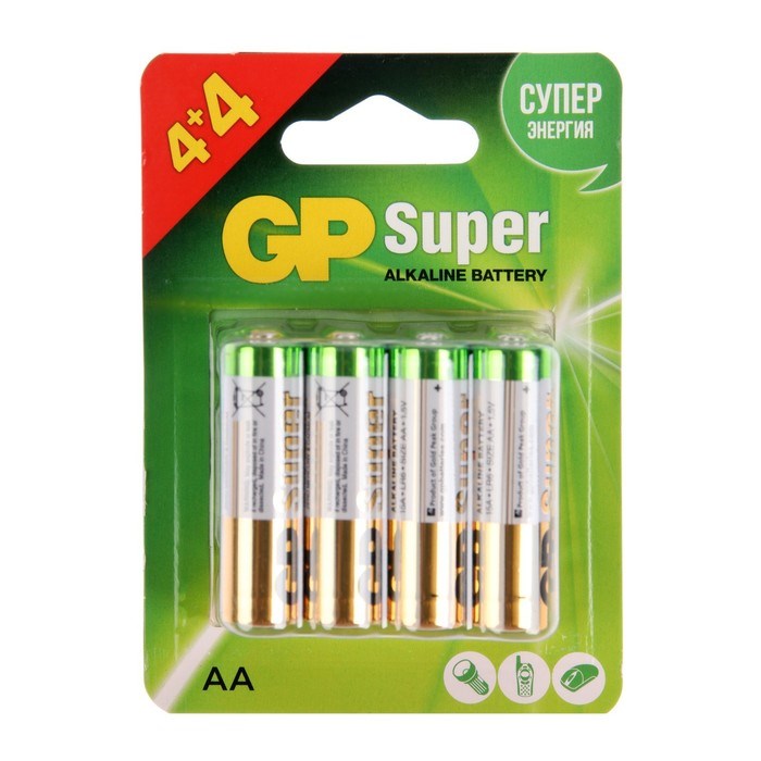 Батарейка алкалиновая GP Super, AA, LR6-8BL, 1.5В, 4+4 шт. - фото 51399249 Батарейка алкалиновая GP Super, AA, LR6-8BL, 1.5В, 4+4 шт. - фото 51399249