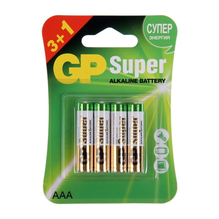 Батарейка алкалиновая GP Super, AAA, LR03-4BL, 1.5В, 3+1 шт. - фото 51399251 Батарейка алкалиновая GP Super, AAA, LR03-4BL, 1.5В, 3+1 шт. - фото 51399251