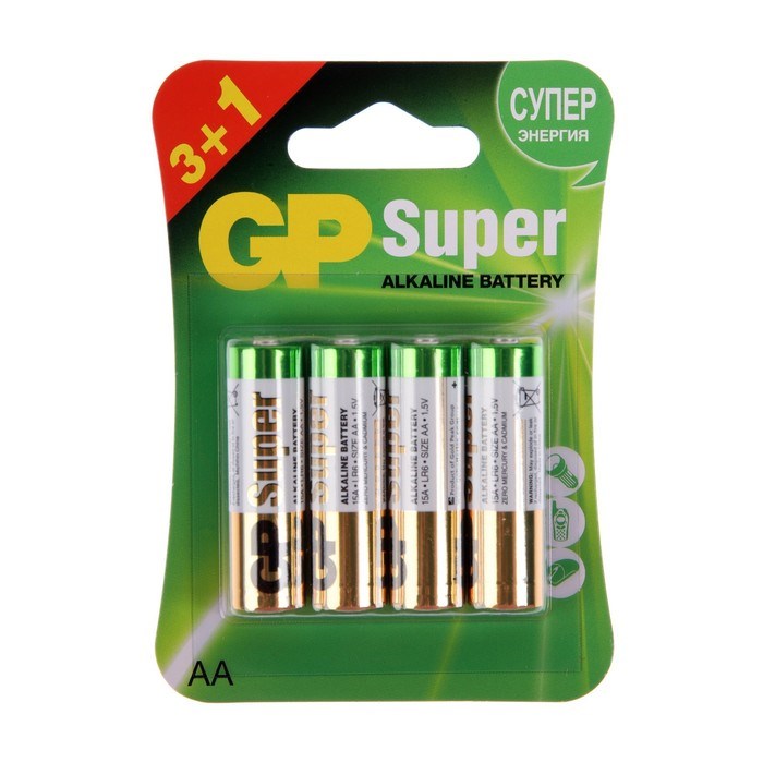 Батарейка алкалиновая GP Super, AA, LR6-4BL, 1.5В, 3+1 шт. - фото 51399253 Батарейка алкалиновая GP Super, AA, LR6-4BL, 1.5В, 3+1 шт. - фото 51399253