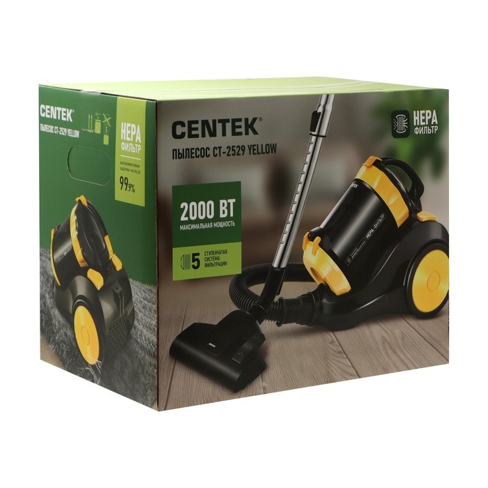 Пылесос Centek CT-2529, 2000/350 Вт, 2 л, мультициклон, жёлтый - фото 51400262 Пылесос Centek CT-2529, 2000/350 Вт, 2 л, мультициклон, жёлтый - фото 51400262