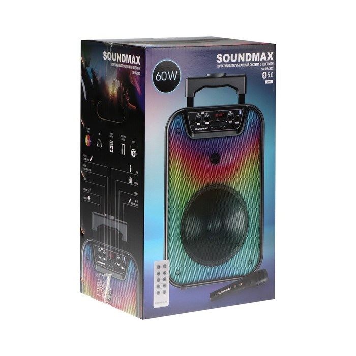Портативная колонка Soundmax SM-PS4303, 60Вт, 2400мАч, FM, BT, microSD, USB, AUX, подсветка - фото 51400443 Портативная колонка Soundmax SM-PS4303, 60Вт, 2400мАч, FM, BT, microSD, USB, AUX, подсветка - фото 51400443