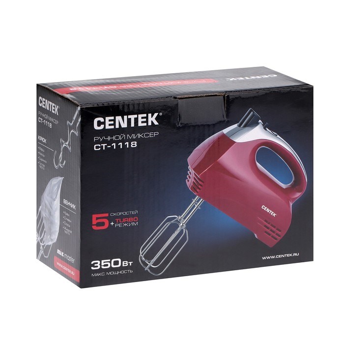 Миксер Centek CT-1118, ручной, 350 Вт, 5 скоростей, 4 насадки, красный - фото 51401044 Миксер Centek CT-1118, ручной, 350 Вт, 5 скоростей, 4 насадки, красный - фото 51401044