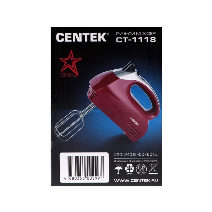 Миксер Centek CT-1118, ручной, 350 Вт, 5 скоростей, 4 насадки, красный - фото 51401047 Миксер Centek CT-1118, ручной, 350 Вт, 5 скоростей, 4 насадки, красный - фото 51401047