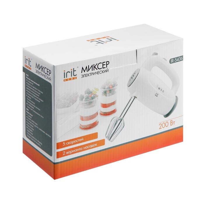 Миксер Irit IR-5436, ручной, 200 Вт, 2 насадки, 5 скоростей, белый - фото 51402287 Миксер Irit IR-5436, ручной, 200 Вт, 2 насадки, 5 скоростей, белый - фото 51402287