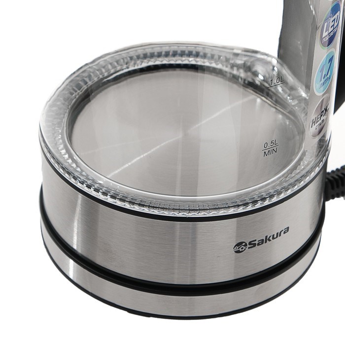 Чайник электрический Sakura SA-2720SBK, стекло, 1.7 л, 2200 Вт, серебристый - фото 51402292 Чайник электрический Sakura SA-2720SBK, стекло, 1.7 л, 2200 Вт, серебристый - фото 51402292