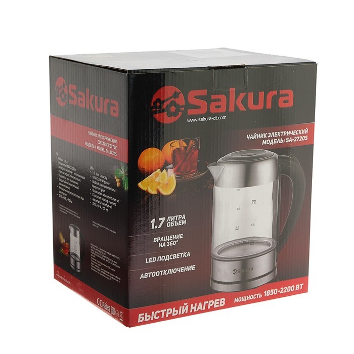 Чайник электрический Sakura SA-2720SBK, стекло, 1.7 л, 2200 Вт, серебристый - фото 51402295 Чайник электрический Sakura SA-2720SBK, стекло, 1.7 л, 2200 Вт, серебристый - фото 51402295
