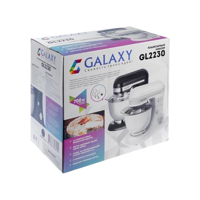 Миксер Galaxy GL 2230, планетарный, 700 Вт, 4 л, 12 скоростей, 3 насадки, белый - фото 51402590 Миксер Galaxy GL 2230, планетарный, 700 Вт, 4 л, 12 скоростей, 3 насадки, белый - фото 51402590