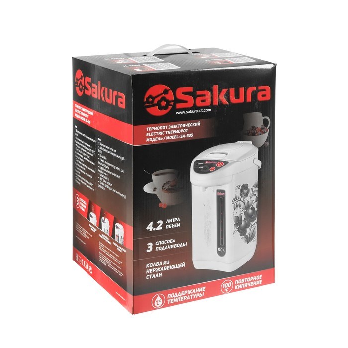 Термопот Sakura SA-335BR, 4.2 л, 750 Вт, 3 способа подачи воды, черно-красный - фото 51402647 Термопот Sakura SA-335BR, 4.2 л, 750 Вт, 3 способа подачи воды, черно-красный - фото 51402647