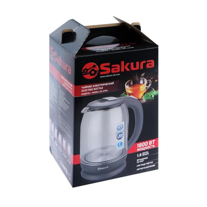 Чайник электрический Sakura SA-2709G, стекло, 1.8 л, 1800 Вт, темно-серый - фото 51402884 Чайник электрический Sakura SA-2709G, стекло, 1.8 л, 1800 Вт, темно-серый - фото 51402884