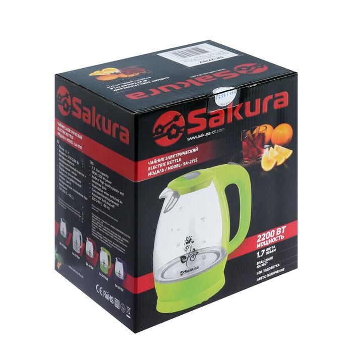 Чайник электрический Sakura SA-2715V, стекло, 1.7 л, 2200 Вт, пурпурный - фото 51402904 Чайник электрический Sakura SA-2715V, стекло, 1.7 л, 2200 Вт, пурпурный - фото 51402904