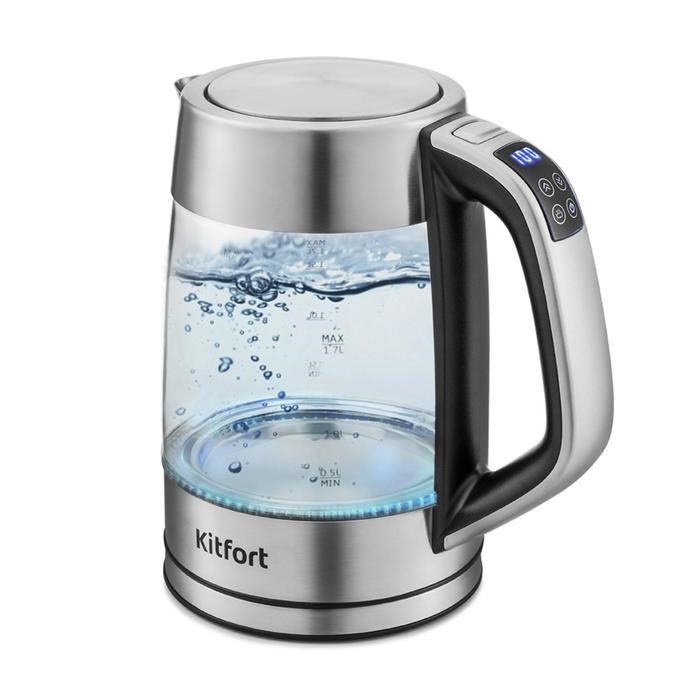 Чайник электрический Kitfort KT-6114, стекло, 1.7 л, 2200 Вт, регулировка t°, серебристый - фото 51403286 Чайник электрический Kitfort KT-6114, стекло, 1.7 л, 2200 Вт, регулировка t°, серебристый - фото 51403286