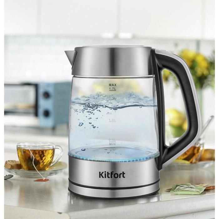 Чайник электрический Kitfort KT-6114, стекло, 1.7 л, 2200 Вт, регулировка t°, серебристый - фото 51403289 Чайник электрический Kitfort KT-6114, стекло, 1.7 л, 2200 Вт, регулировка t°, серебристый - фото 51403289