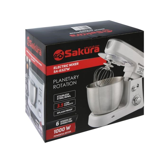 Миксер Sakura SA-6327W, планетарный, 1000 Вт, 3.5 л, 6 скоростей, 3 насадки, белый - фото 51403980 Миксер Sakura SA-6327W, планетарный, 1000 Вт, 3.5 л, 6 скоростей, 3 насадки, белый - фото 51403980