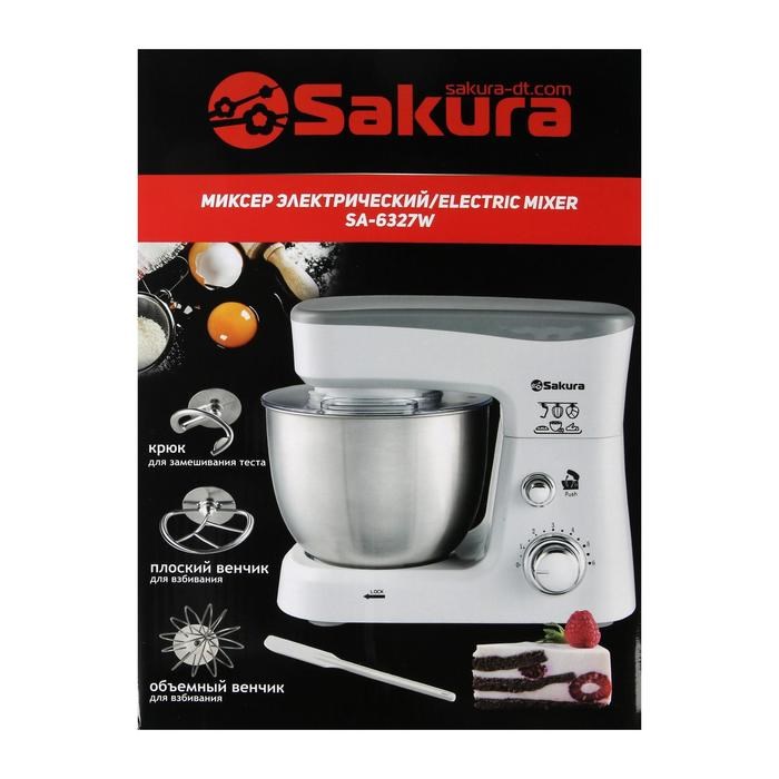 Миксер Sakura SA-6327W, планетарный, 1000 Вт, 3.5 л, 6 скоростей, 3 насадки, белый - фото 51403981 Миксер Sakura SA-6327W, планетарный, 1000 Вт, 3.5 л, 6 скоростей, 3 насадки, белый - фото 51403981