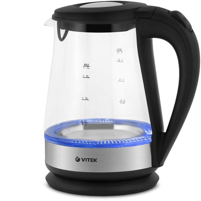 Чайник электрический Vitek VT-7077 MC, стекло, 1.7 л, 2200 Вт, чёрно-серебристый - фото 51405128 Чайник электрический Vitek VT-7077 MC, стекло, 1.7 л, 2200 Вт, чёрно-серебристый - фото 51405128