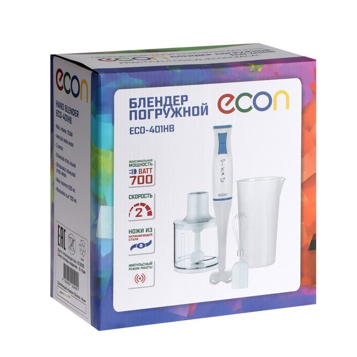 Блендер Econ ECO-401HB, погружной, 700 Вт, 0.5/0.7 л, 2 скорости, 3 насадки, бело-синий - фото 51405281 Блендер Econ ECO-401HB, погружной, 700 Вт, 0.5/0.7 л, 2 скорости, 3 насадки, бело-синий - фото 51405281