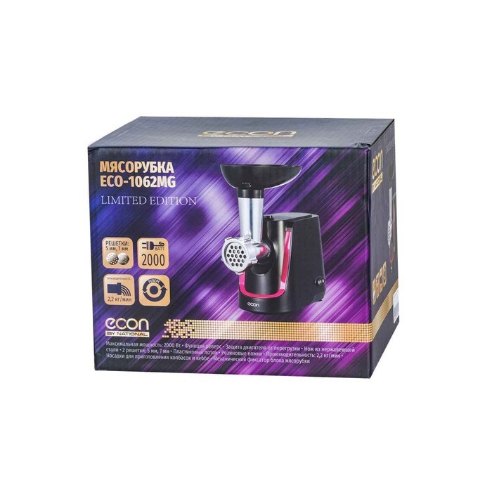 Мясорубка электрическая Econ ECO-1062MG, 2000Вт, реверс, 4 насадки, цвет чёрный-красный - фото 51405574 Мясорубка электрическая Econ ECO-1062MG, 2000Вт, реверс, 4 насадки, цвет чёрный-красный - фото 51405574