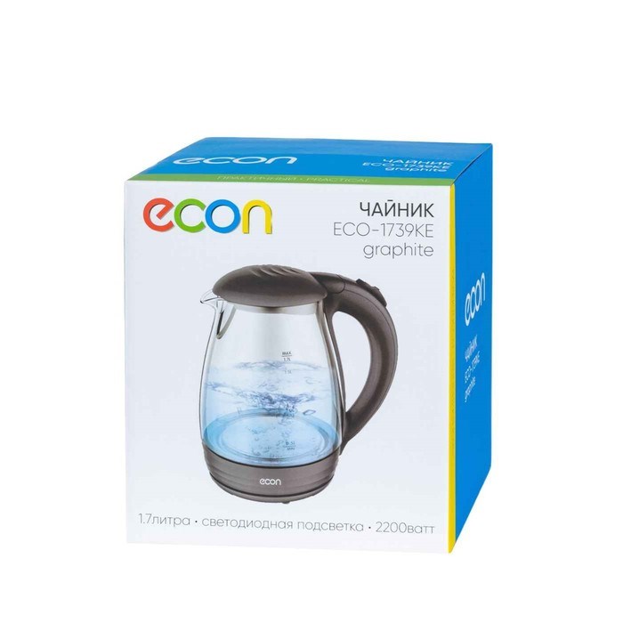 Чайник электрический Econ ECO-1739KE, 2200 Вт, стекло, 1.7 л, цвет графит - фото 51405687 Чайник электрический Econ ECO-1739KE, 2200 Вт, стекло, 1.7 л, цвет графит - фото 51405687