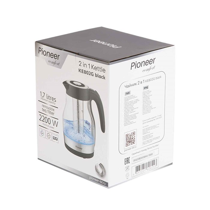 Чайник электрический Pioneer KE802G, стекло, 2200 Вт, 1.7 л, чёрный - фото 51405776 Чайник электрический Pioneer KE802G, стекло, 2200 Вт, 1.7 л, чёрный - фото 51405776