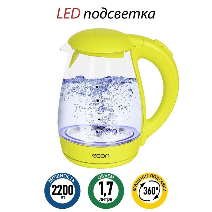 Чайник электрический Econ ECO-1739KE, 2200 Вт, стекло, 1,7 л, цвет лайм - фото 51405781 Чайник электрический Econ ECO-1739KE, 2200 Вт, стекло, 1,7 л, цвет лайм - фото 51405781