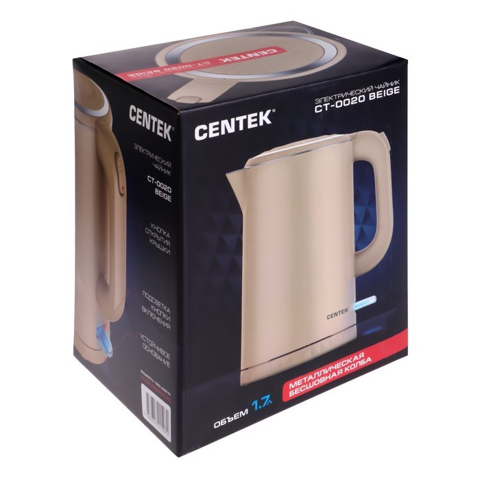 Чайник электрический Centek CT-0020, пластик, колба металл, 1.7 л, 2200 Вт, бежевый - фото 51406441 Чайник электрический Centek CT-0020, пластик, колба металл, 1.7 л, 2200 Вт, бежевый - фото 51406441