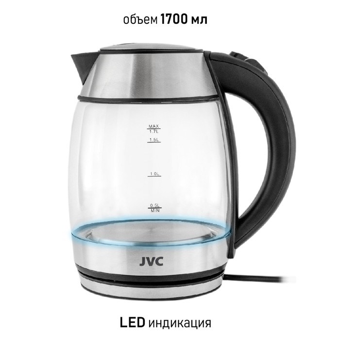 Чайник электрический jvc JK-KE1707, стеклянный, 2200 Вт, 1.7 л, чёрный - фото 51406963 Чайник электрический jvc JK-KE1707, стеклянный, 2200 Вт, 1.7 л, чёрный - фото 51406963
