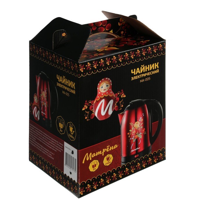 Чайник электрический "Матрёна" MA-005, металл, 2 л, 1500 Вт, красный с рисунком "Хохлома" - фото 51407248 Чайник электрический "Матрёна" MA-005, металл, 2 л, 1500 Вт, красный с рисунком "Хохлома" - фото 51407248