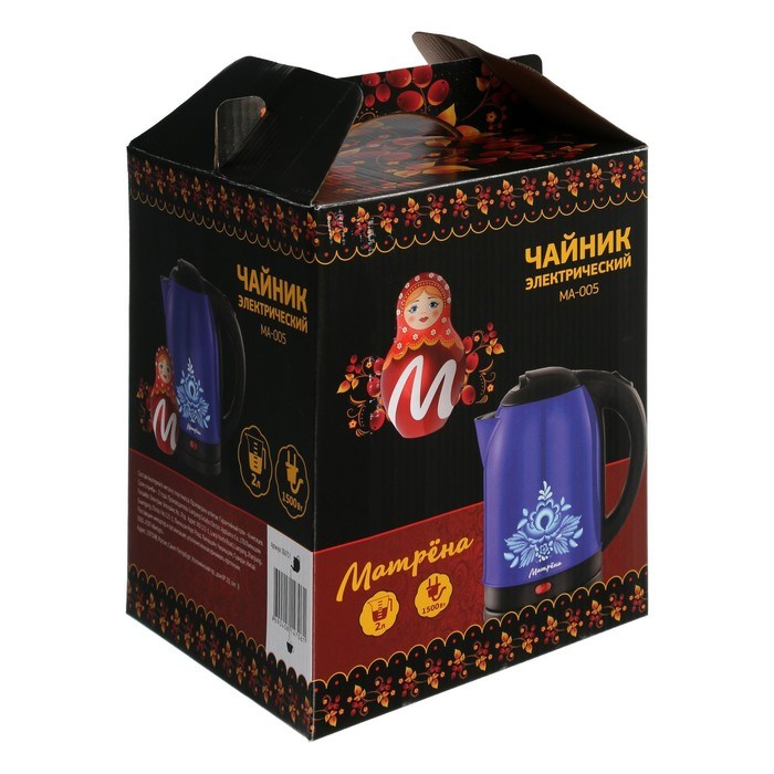 Чайник электрический "Матрёна" MA-005, металл, 2 л, 1500 Вт, сине-чёрный с рисунком "Гжель" - фото 51407260 Чайник электрический "Матрёна" MA-005, металл, 2 л, 1500 Вт, сине-чёрный с рисунком "Гжель" - фото 51407260
