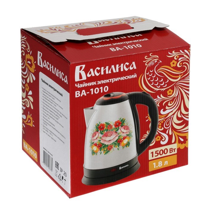 Чайник электрический ВАСИЛИСА ВА-1010, металл, 1.8 л, 2000 Вт, серый с рисунком "Жостово" - фото 51407407 Чайник электрический ВАСИЛИСА ВА-1010, металл, 1.8 л, 2000 Вт, серый с рисунком "Жостово" - фото 51407407