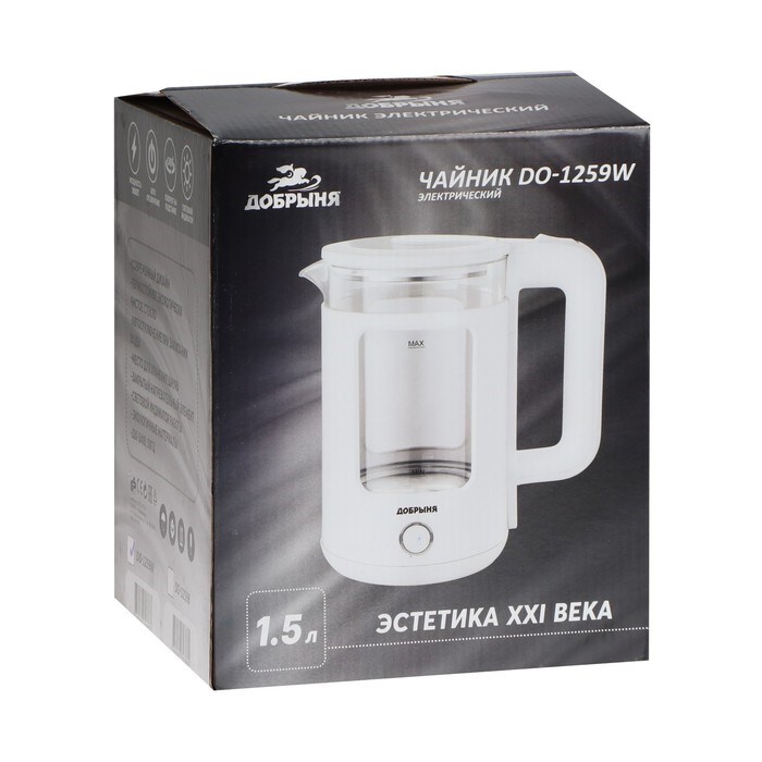 Чайник электрический "Добрыня" DO-1259W, стекло, 1.5 л, 1800 Вт, белый - фото 51407463 Чайник электрический "Добрыня" DO-1259W, стекло, 1.5 л, 1800 Вт, белый - фото 51407463