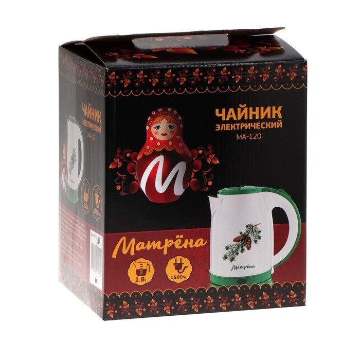 Чайник электрический МАТРЁНА MA-120, металл, 1.8 л, 1500 Вт, бело-зелёный с рисунком "Шишки" - фото 51407555 Чайник электрический МАТРЁНА MA-120, металл, 1.8 л, 1500 Вт, бело-зелёный с рисунком "Шишки" - фото 51407555