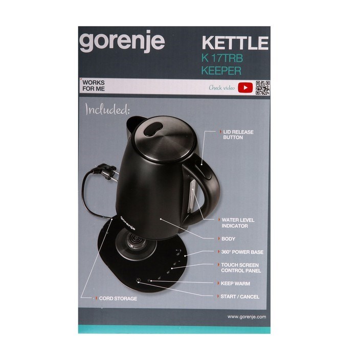Чайник Gorenje K17TRB, металл/пластик, 1.7 л, 2200 Вт, чёрный - фото 51407658 Чайник Gorenje K17TRB, металл/пластик, 1.7 л, 2200 Вт, чёрный - фото 51407658