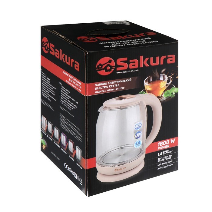 Чайник электрический Sakura SA-2709BR, стекло 1.8 л, 1800 Вт, коричневый - фото 51407733 Чайник электрический Sakura SA-2709BR, стекло 1.8 л, 1800 Вт, коричневый - фото 51407733