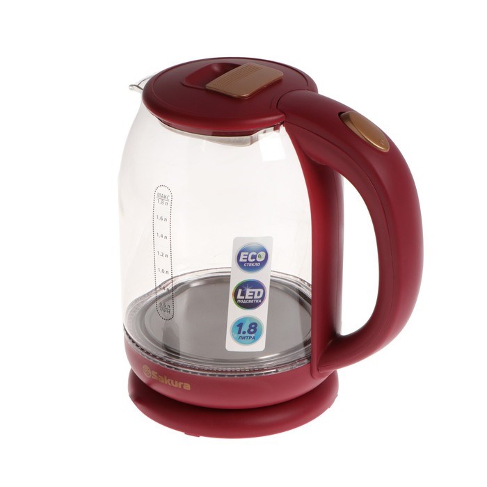 Чайник электрический Sakura SA-2709R, стекло, 1.8 л, 1800 Вт, бордовый - фото 51407736 Чайник электрический Sakura SA-2709R, стекло, 1.8 л, 1800 Вт, бордовый - фото 51407736